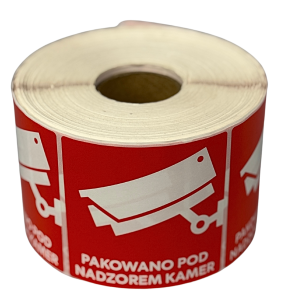 Etykieta z nadrukiem 80*80/1000 "PAKOWANE POD NADZOREM KAMER"